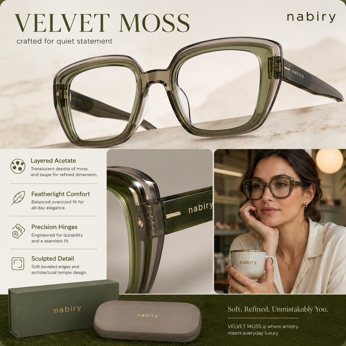 nabiry™ Velvet Moss Oversized Green Statement Glasses